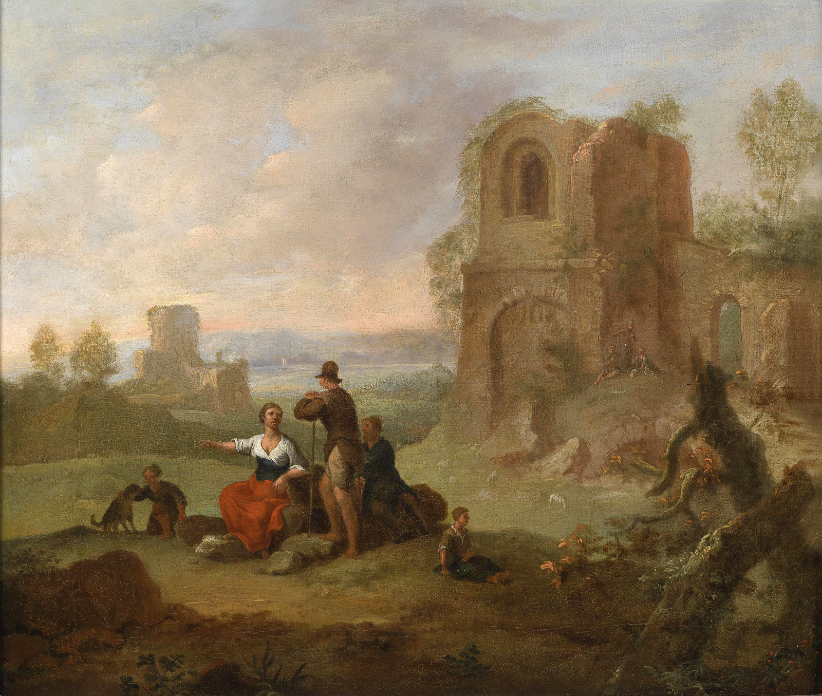 ruin landscape with resting hikers